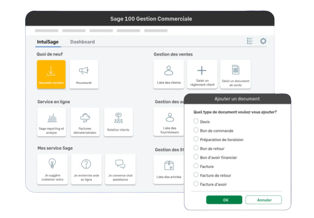 Écran d'accueil IntuiSage de Sage 100 Gestion Commerciale, avec la fenêtre « Ajouter un document »