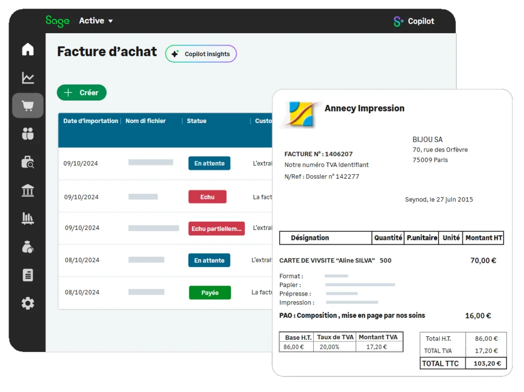 Écran de facture d'achat dans Sage Active