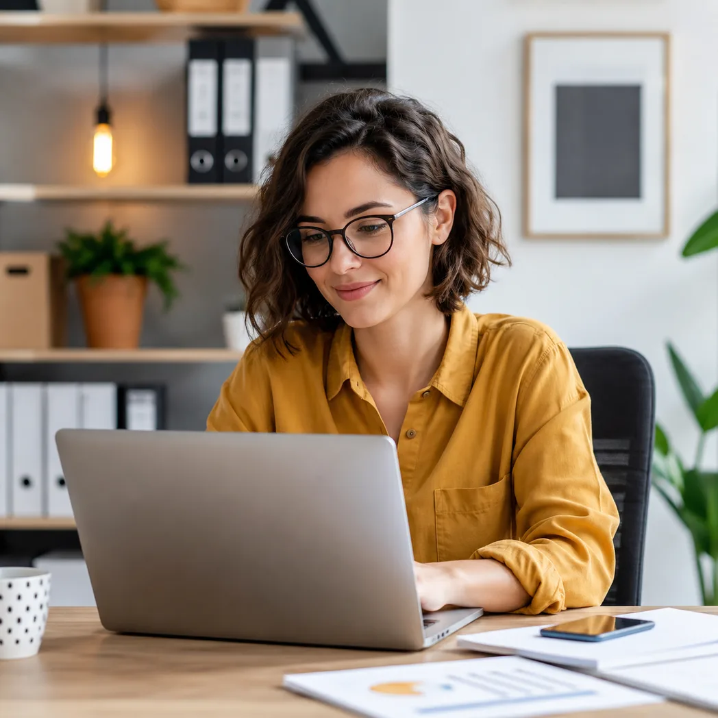 Une gestionnaire travaille sur son ordinateur portable au bureau
