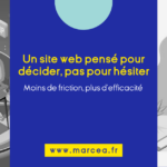 Banner promoting a friction‑free, decision‑oriented website by www.marcea.fr; left shows a coder at a desk, right shows a computer screen, all in grayscale and blue.