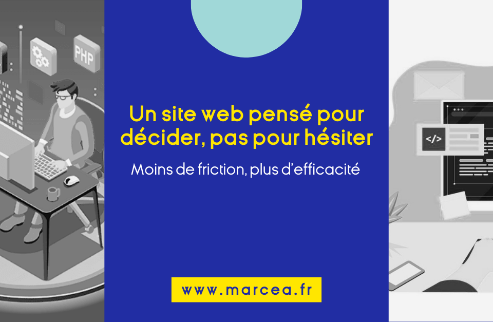 DESIGN ARTICLE (10) - Marcea Conseil Banner promoting a friction‑free, decision‑oriented website by www.marcea.fr; left shows a coder at a desk, right shows a computer screen, all in grayscale and blue.