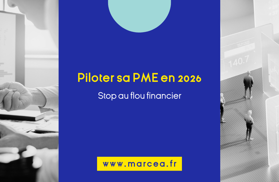DESIGN ARTICLE (4) - Marcea Conseil Promotional banner: 'Piloter sa PME en 2026' with subtitle 'Stop au flou financier' and site www.marcea.fr on a blue panel.