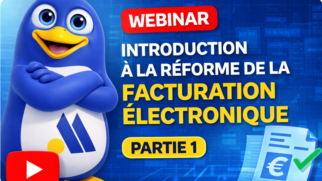 Webinar banner introducing Part 1 of electronic invoicing reform, featuring a blue penguin mascot and 'WEBINAR' badge.